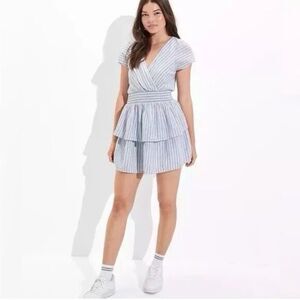 American Eagle AE Blue White Garden‎ Party Wrap Dress Women's Size Small Linen